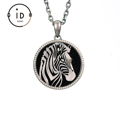 Wildlife Zebra Totem Necklace | 925 Sterling Silver Handcrafted Relief Medallion | Black-White Minimal Unisex Pendant | Double-Sided Design