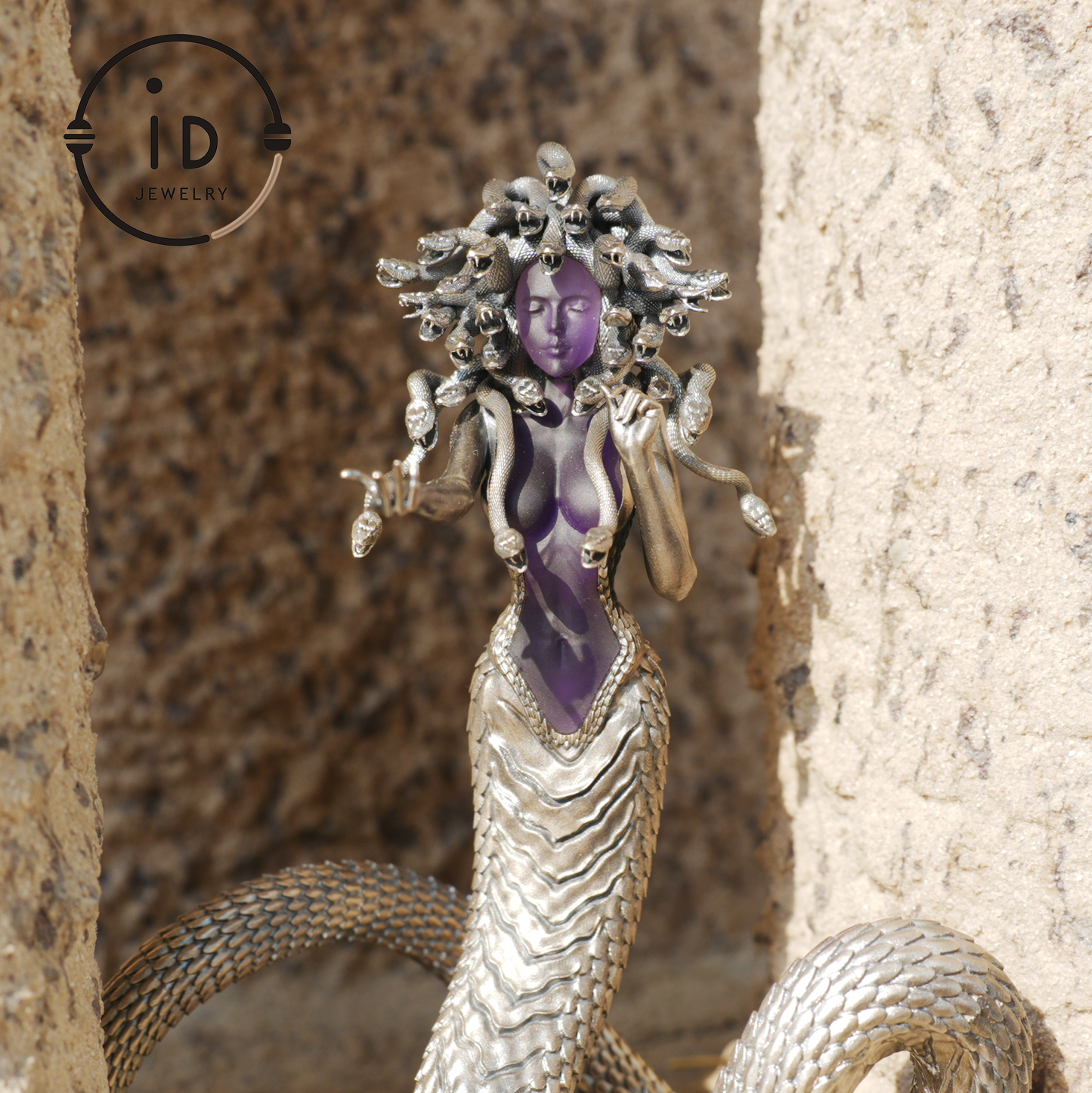 Silver Amethyst Serpent Woman Figurine, Handmade Gothic Totem Art Object, Wearable or Display, Unique Gift Idea