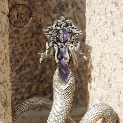 Silver Amethyst Serpent Woman Figurine, Handmade Gothic Totem Art Object, Wearable or Display, Unique Gift Idea