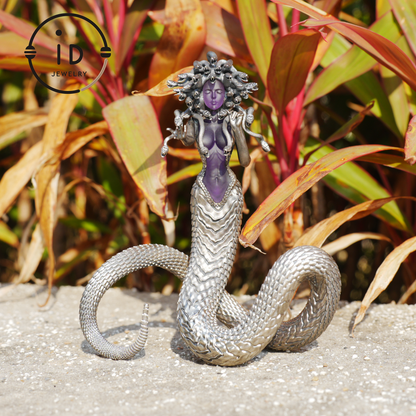 Silver Amethyst Serpent Woman Figurine, Handmade Gothic Totem Art Object, Wearable or Display, Unique Gift Idea