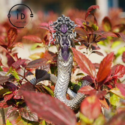 Silver Amethyst Serpent Woman Figurine, Handmade Gothic Totem Art Object, Wearable or Display, Unique Gift Idea