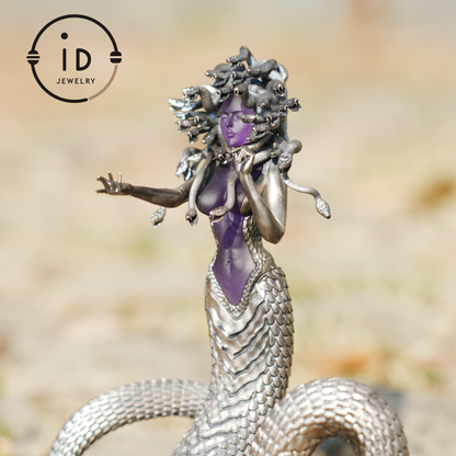 Silver Amethyst Serpent Woman Figurine, Handmade Gothic Totem Art Object, Wearable or Display, Unique Gift Idea