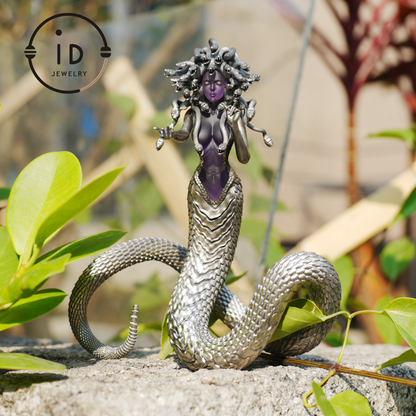Silver Amethyst Serpent Woman Figurine, Handmade Gothic Totem Art Object, Wearable or Display, Unique Gift Idea