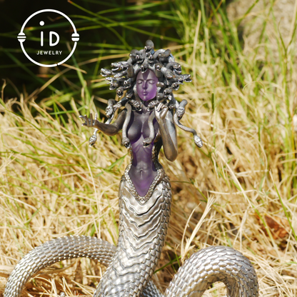 Silver Amethyst Serpent Woman Figurine, Handmade Gothic Totem Art Object, Wearable or Display, Unique Gift Idea