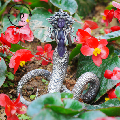 Silver Amethyst Serpent Woman Figurine, Handmade Gothic Totem Art Object, Wearable or Display, Unique Gift Idea