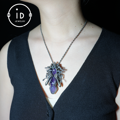Amethyst Snake Pendant | Gothic 925 Silver Sculpture | Mystical Halloween Gift for Her
