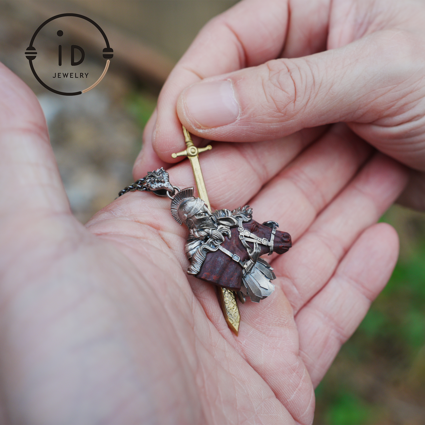 Medieval Knight Pendant with Bloodstone in 925 Sterling Silver, Warrior Necklace for Men, Birthday Gift Idea, Antique Style Jewelry