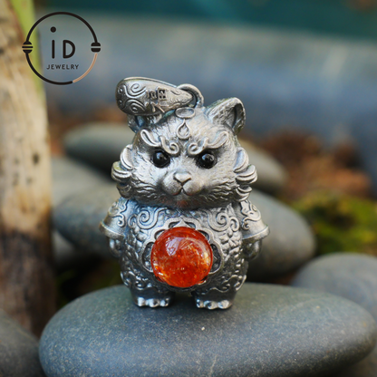 Tiger Pendant in 925 Sterling Silver with Sunstone and Black Onyx, Vintage Totem Necklace Amulet, Gift for Men Birthday Christmas