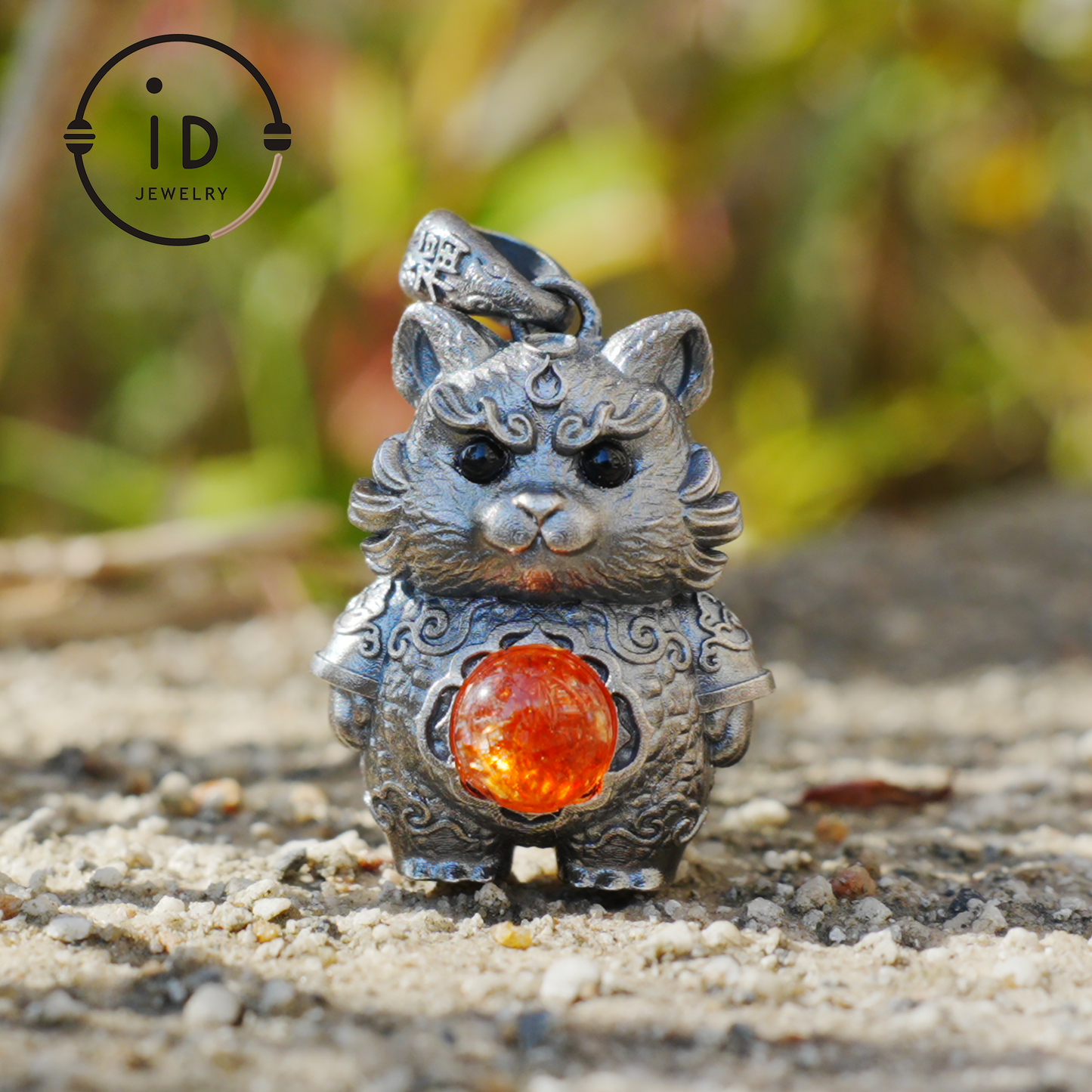 Tiger Pendant in 925 Sterling Silver with Sunstone and Black Onyx, Vintage Totem Necklace Amulet, Gift for Men Birthday Christmas