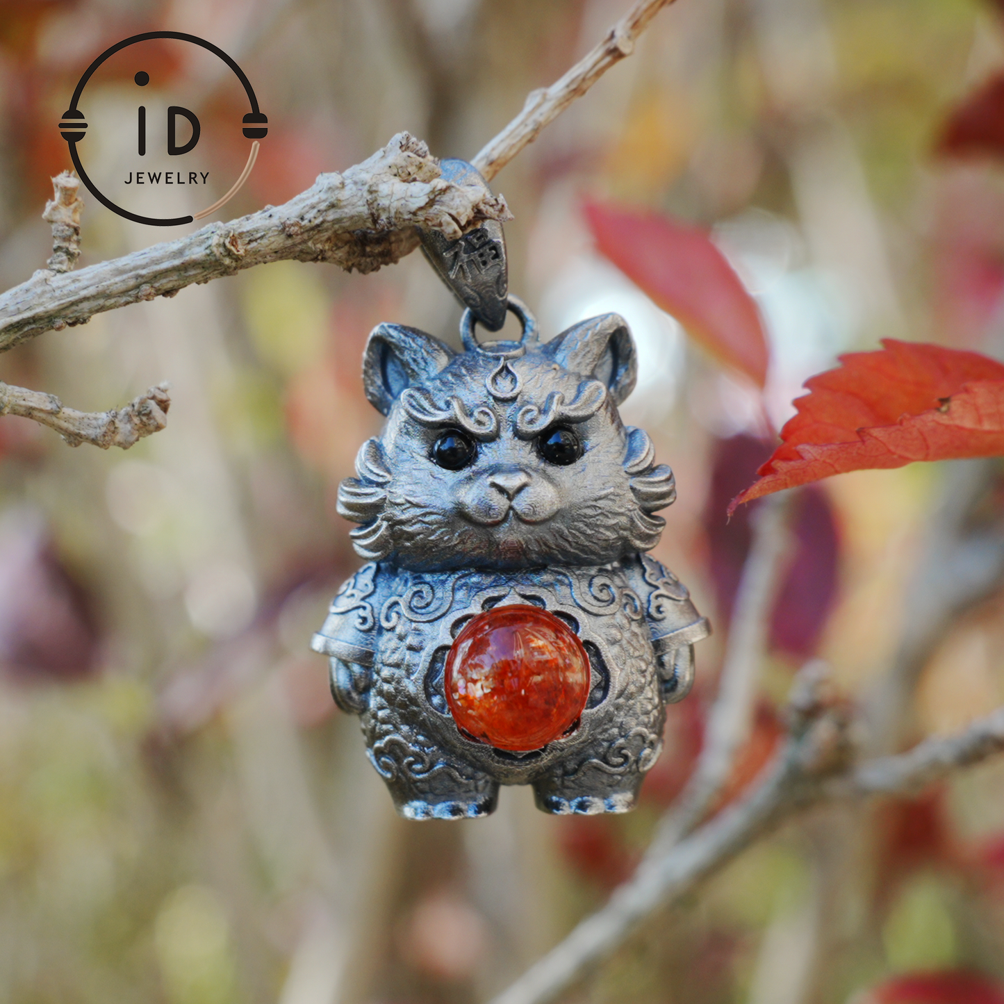 Tiger Pendant in 925 Sterling Silver with Sunstone and Black Onyx, Vintage Totem Necklace Amulet, Gift for Men Birthday Christmas