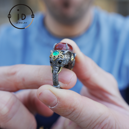 Adjustable Elephant Ring in 925 Sterling Silver with Red Agate and Green Stones, Totem Style Animal Symbol Jewelry, Spiritual Gift for Her