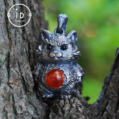 Tiger Pendant in 925 Sterling Silver with Sunstone and Black Onyx, Vintage Totem Necklace Amulet, Gift for Men Birthday Christmas