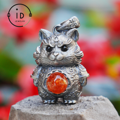 Tiger Pendant in 925 Sterling Silver with Sunstone and Black Onyx, Vintage Totem Necklace Amulet, Gift for Men Birthday Christmas