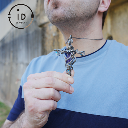 Gothic Snake Pendant in 925 Sterling Silver with Amethyst and Glass Accents, Mystical Totem Necklace Gift for Her or Him