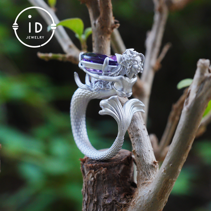 Handmade Amethyst Ring in 925 Silver · Mysterious Gothic Jewelry in Mermaid Style · Gift for Women or Creative Occasions