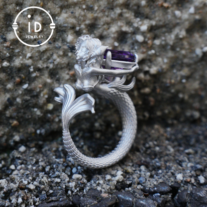 Handmade Amethyst Ring in 925 Silver · Mysterious Gothic Jewelry in Mermaid Style · Gift for Women or Creative Occasions