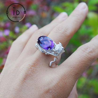 Handmade Amethyst Ring in 925 Silver · Mysterious Gothic Jewelry in Mermaid Style · Gift for Women or Creative Occasions