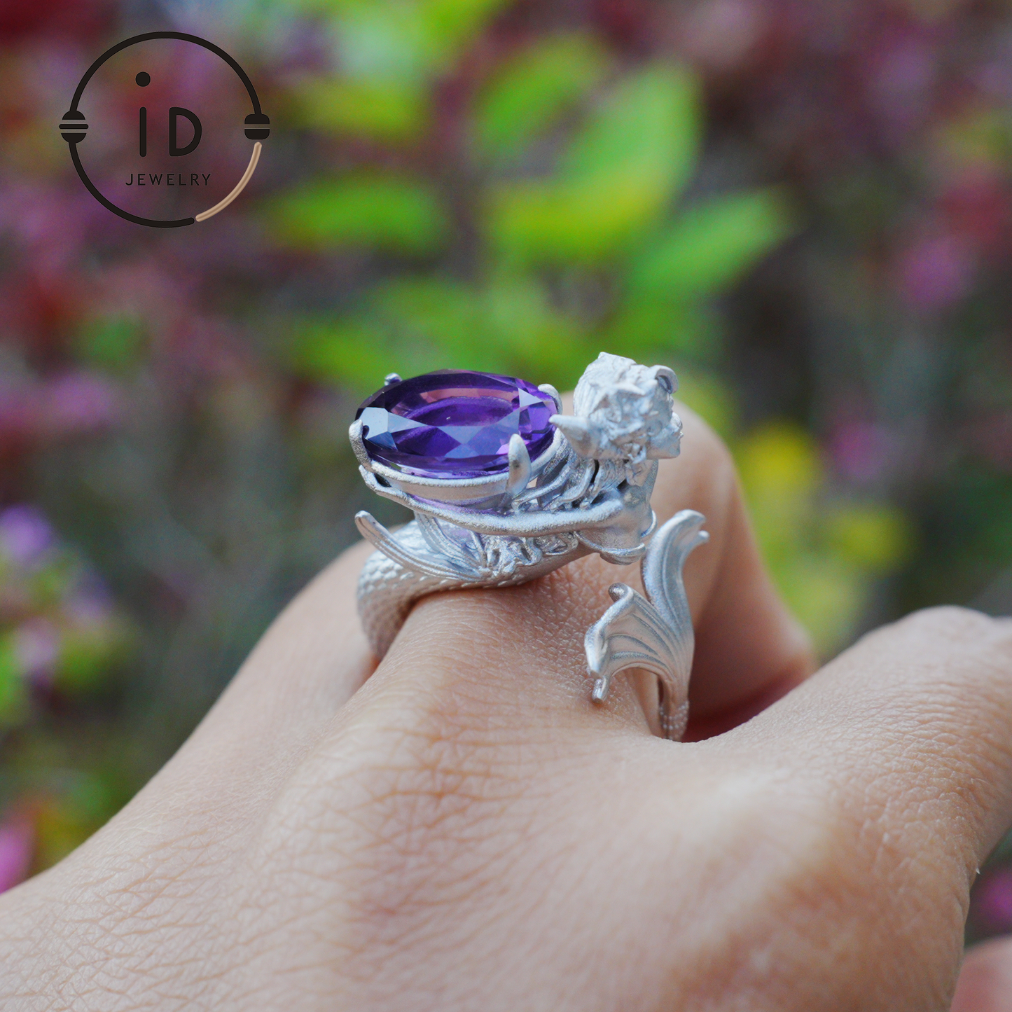 Handmade Amethyst Ring in 925 Silver · Mysterious Gothic Jewelry in Mermaid Style · Gift for Women or Creative Occasions