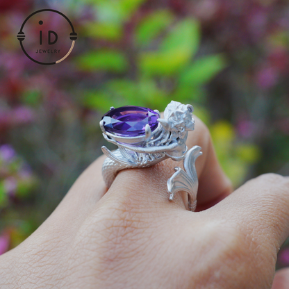Handmade Amethyst Ring in 925 Silver · Mysterious Gothic Jewelry in Mermaid Style · Gift for Women or Creative Occasions