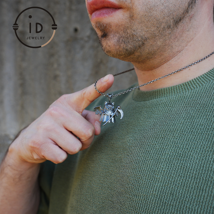 925 sterling silver pendant with winged cat figure and scythe in gothic vintage style, oxidized silver, gift for her fantasy jewelry