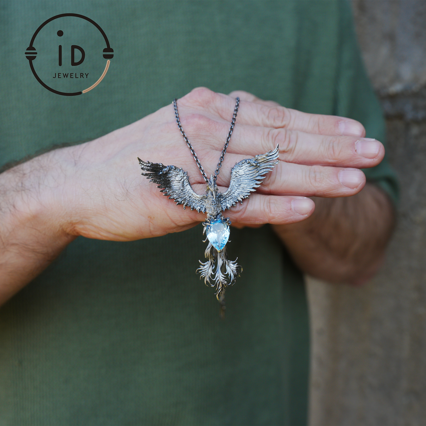 Handmade Phoenix Necklace with Aquamarine | Mystical Symbol | Vintage Fantasy Jewelry
