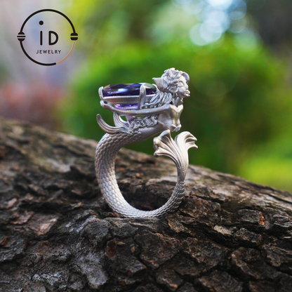 Handmade Amethyst Ring in 925 Silver · Mysterious Gothic Jewelry in Mermaid Style · Gift for Women or Creative Occasions