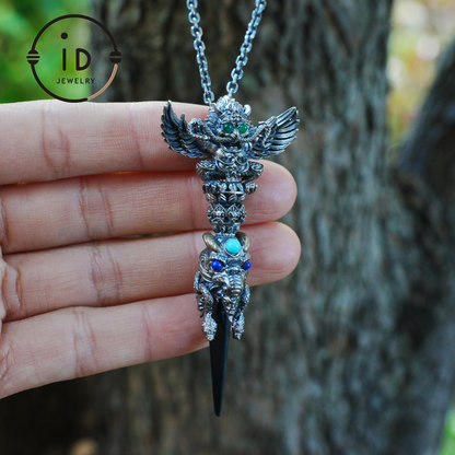 Totem pendant in 925 silver with turquoise and onyx · Spiritual gothic tribal jewelry in symbolic style · Gift for men or artists