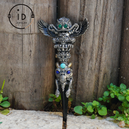 Totem pendant in 925 silver with turquoise and onyx · Spiritual gothic tribal jewelry in symbolic style · Gift for men or artists