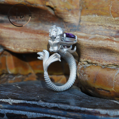 Handmade Amethyst Ring in 925 Silver · Mysterious Gothic Jewelry in Mermaid Style · Gift for Women or Creative Occasions
