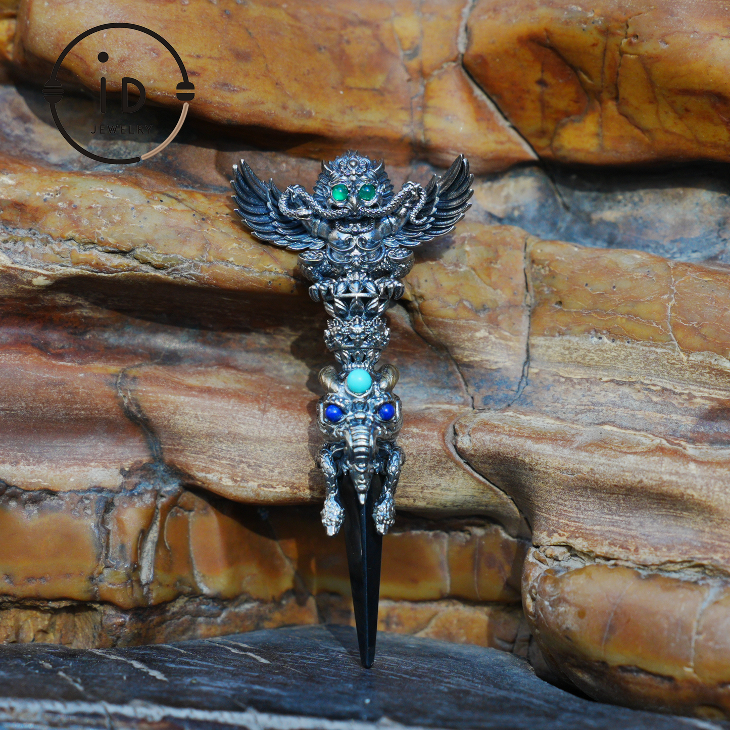 Totem pendant in 925 silver with turquoise and onyx · Spiritual gothic tribal jewelry in symbolic style · Gift for men or artists