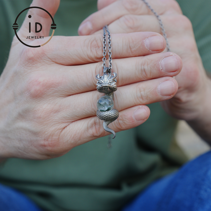 Phantom Quartz Pendant 925 Silver Dragon Totem Necklace Gothic Style Handmade Gift for Her Birthday Christmas Mini Sculpture Talisman