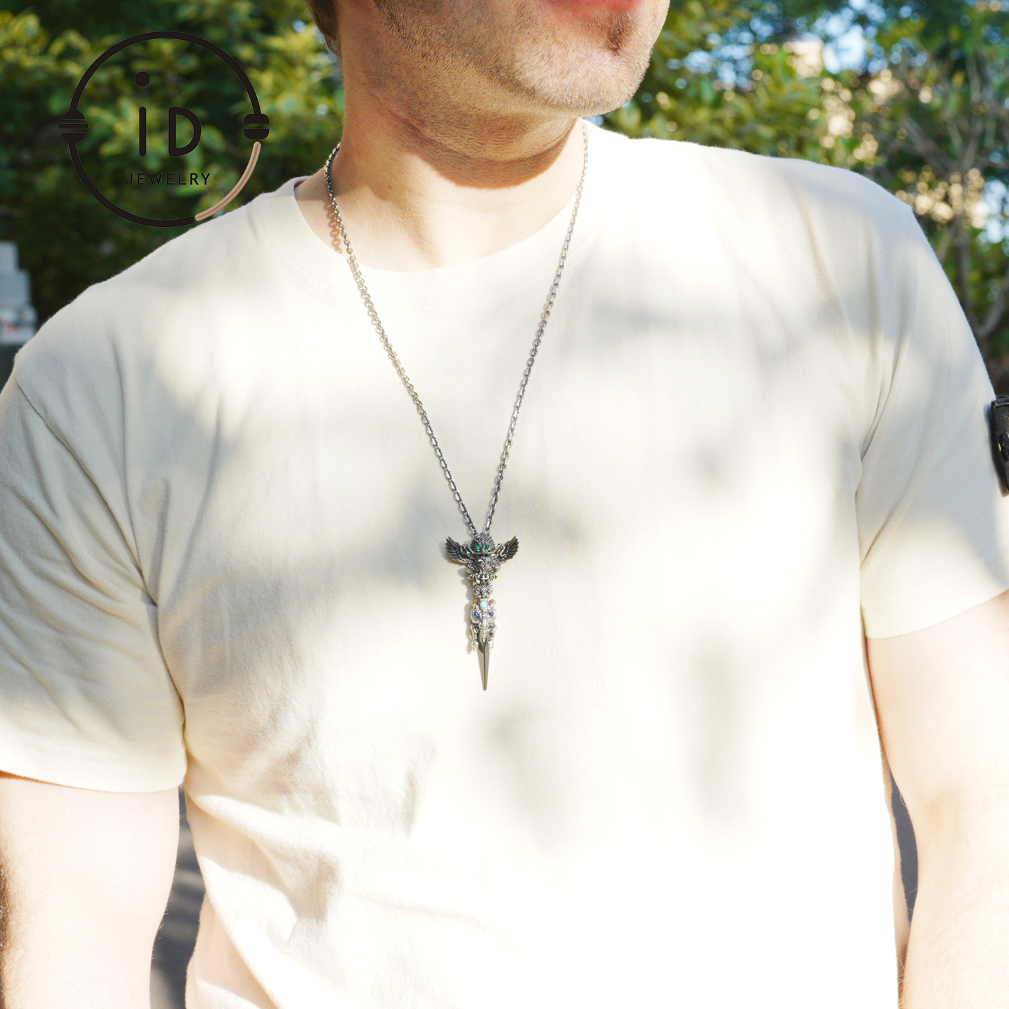 Totem pendant in 925 silver with turquoise and onyx · Spiritual gothic tribal jewelry in symbolic style · Gift for men or artists