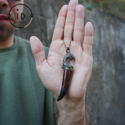Blood Jasper Pendant with Carved Phoenix Head in 925 Sterling Silver & Bronze, Totem Talisman Necklace, Gothic Mythology Gift for Men Women