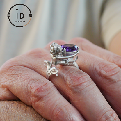 Handmade Amethyst Ring in 925 Silver · Mysterious Gothic Jewelry in Mermaid Style · Gift for Women or Creative Occasions