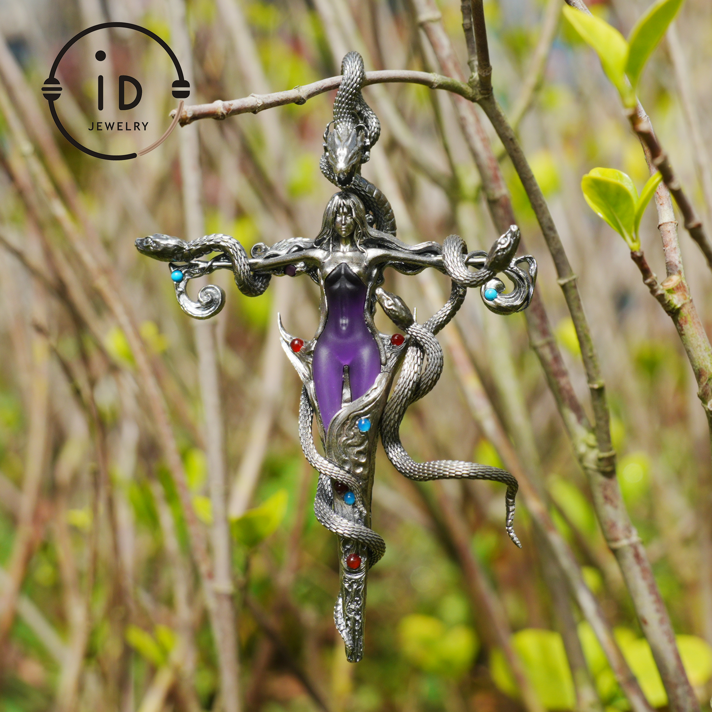 Gothic Snake Pendant in 925 Sterling Silver with Amethyst and Glass Accents, Mystical Totem Necklace Gift for Her or Him