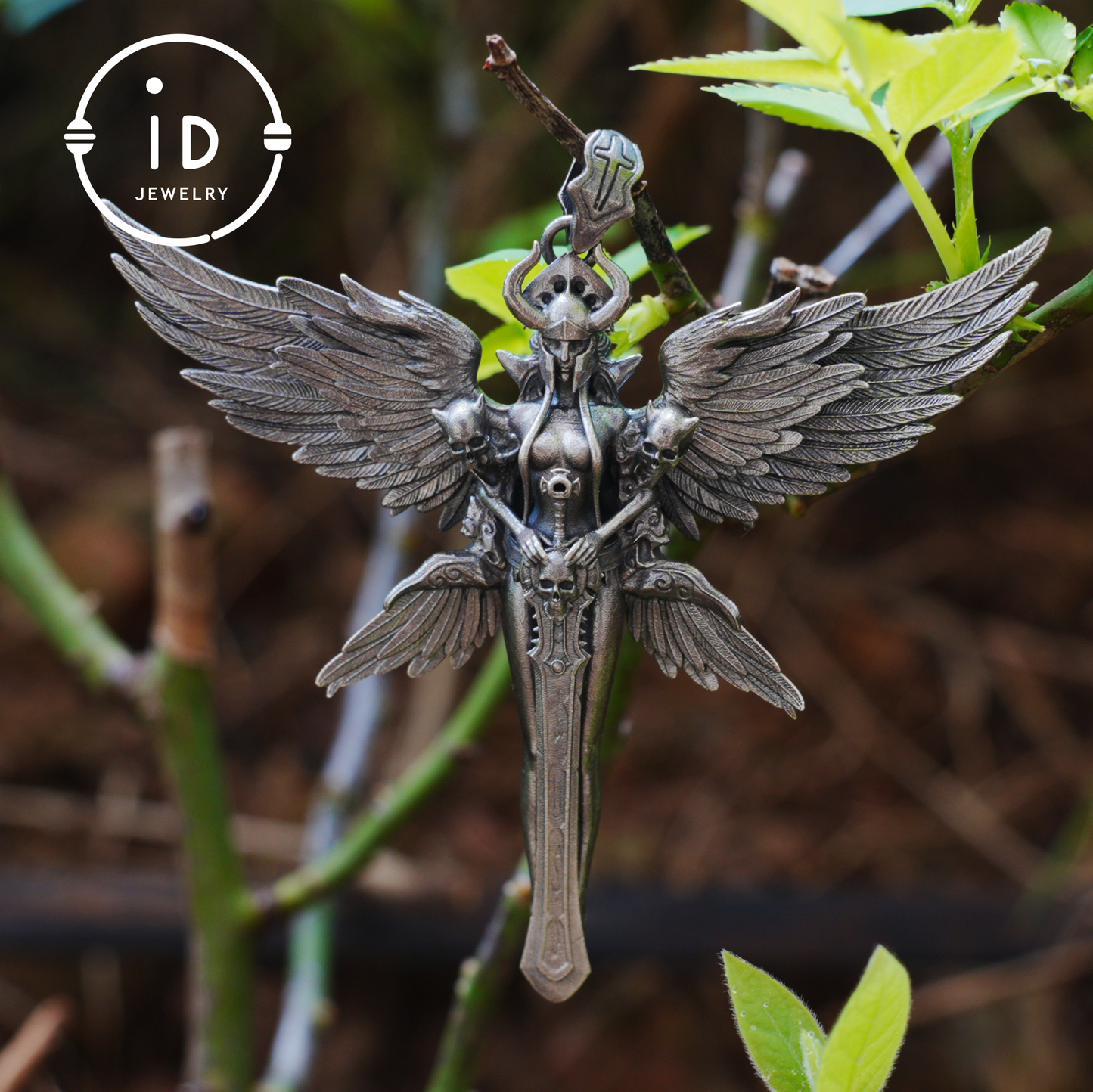 Gothic Warrior Woman Pendant with Wings and Sword in 925 Oxidized Silver Fantasy Totem Necklace for Cosplay Gift for Her Him