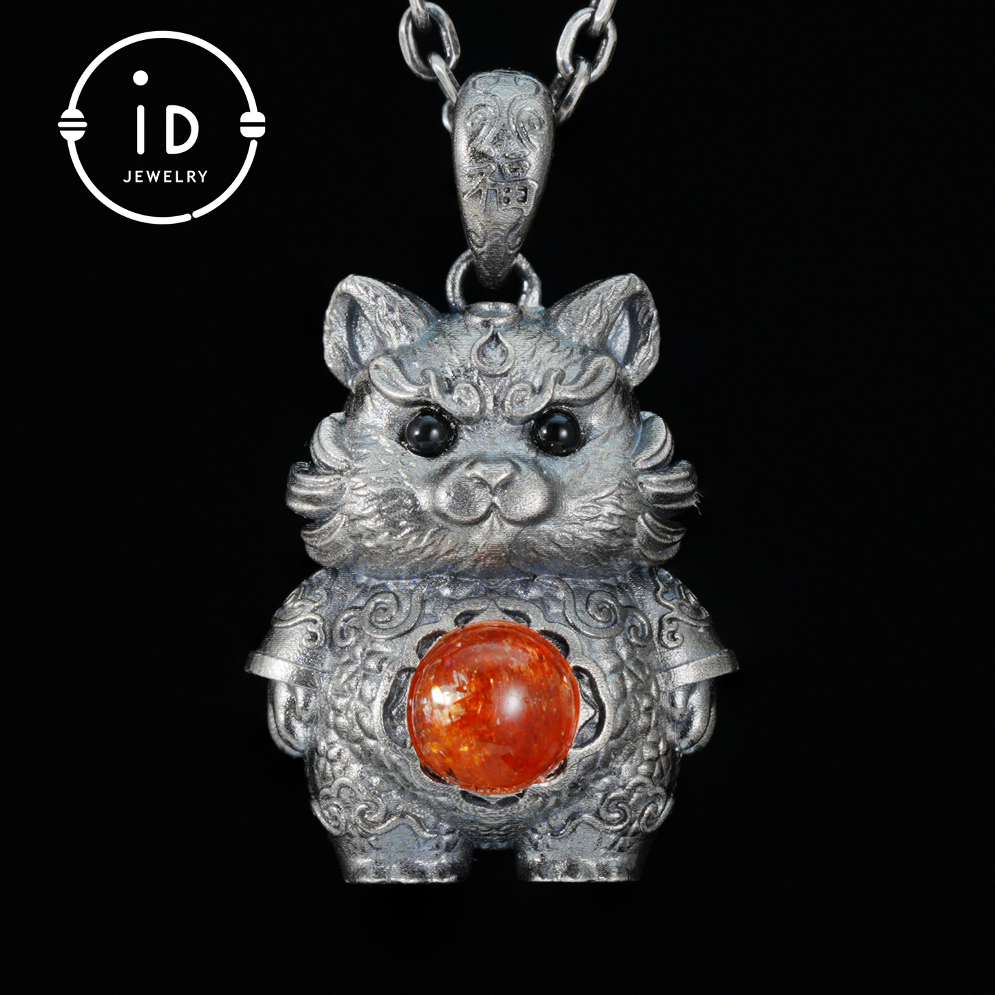 Tiger Pendant in 925 Sterling Silver with Sunstone and Black Onyx, Vintage Totem Necklace Amulet, Gift for Men Birthday Christmas