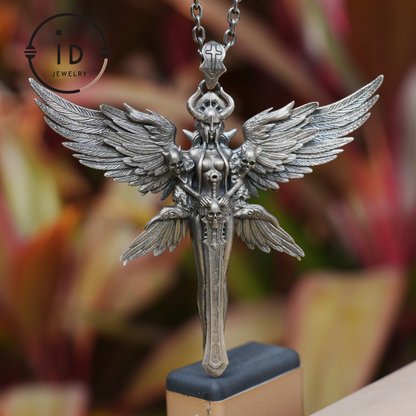 Gothic Warrior Woman Pendant with Wings and Sword in 925 Oxidized Silver Fantasy Totem Necklace for Cosplay Gift for Her Him