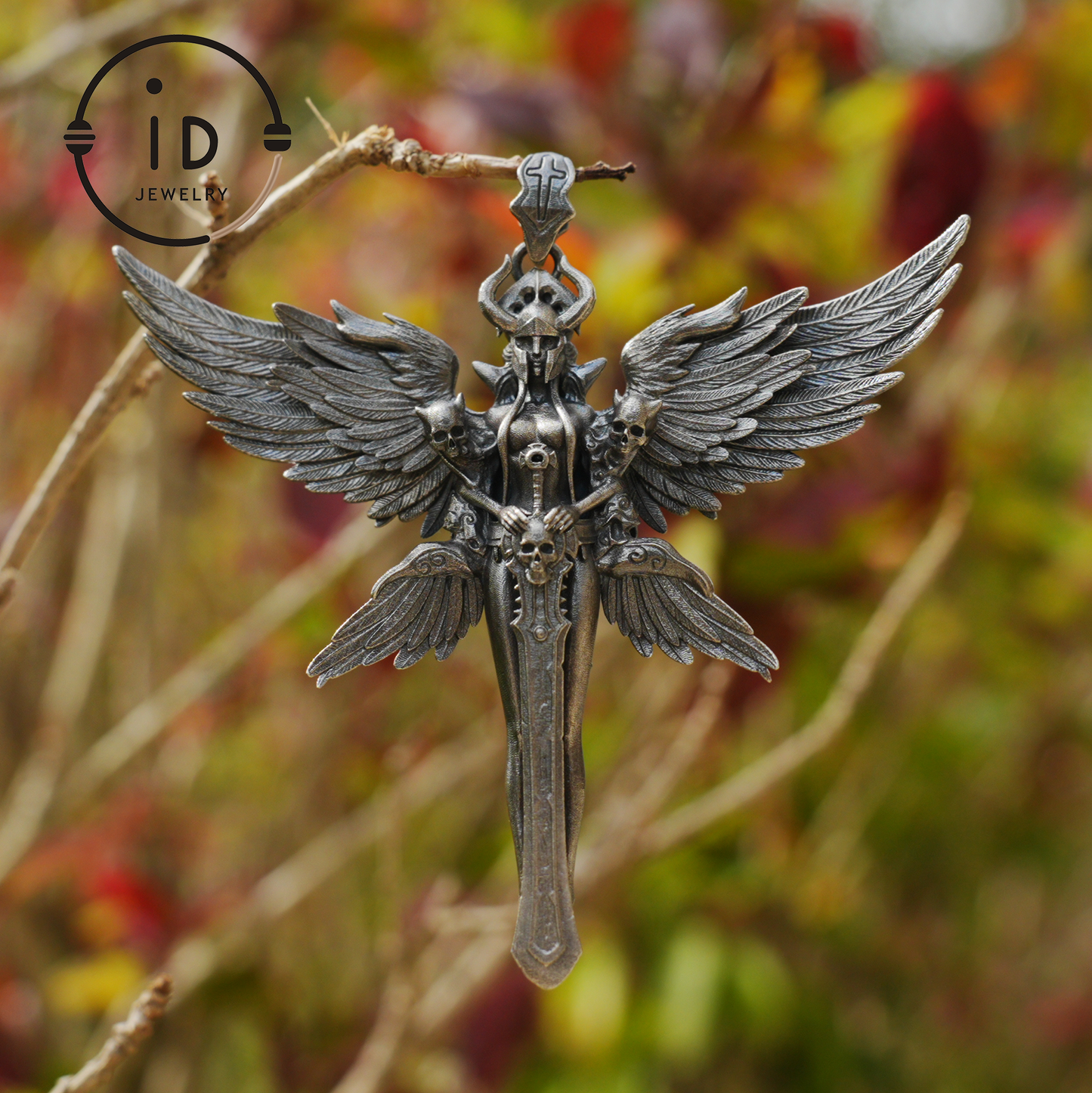 Gothic Warrior Woman Pendant with Wings and Sword in 925 Oxidized Silver Fantasy Totem Necklace for Cosplay Gift for Her Him