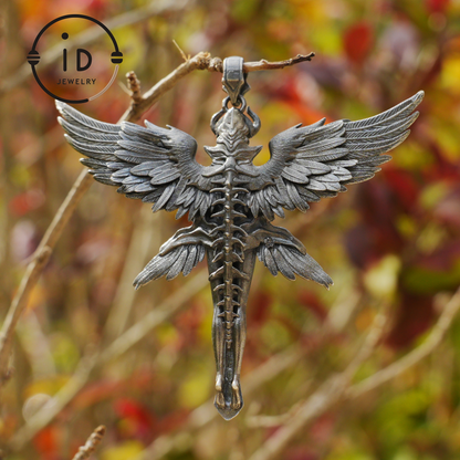 Gothic Warrior Woman Pendant with Wings and Sword in 925 Oxidized Silver Fantasy Totem Necklace for Cosplay Gift for Her Him