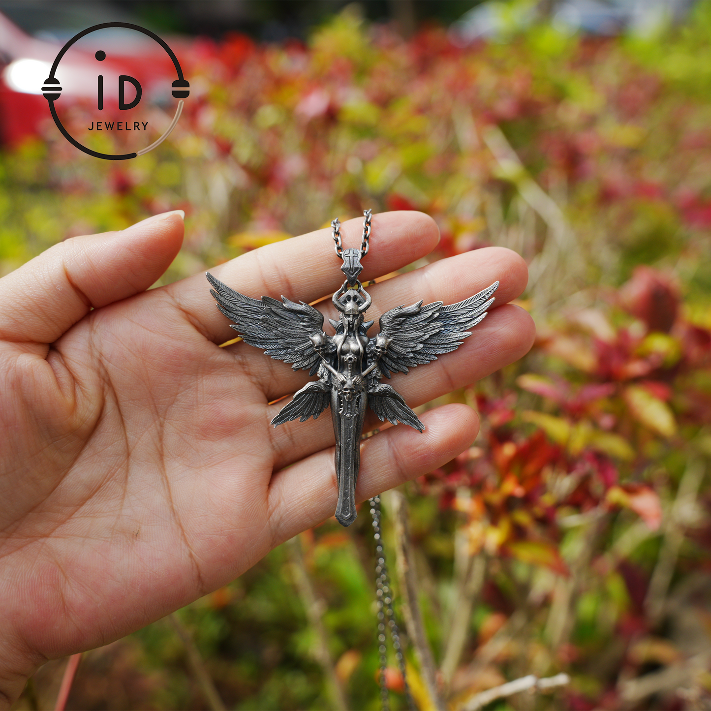 Gothic Warrior Woman Pendant with Wings and Sword in 925 Oxidized Silver Fantasy Totem Necklace for Cosplay Gift for Her Him