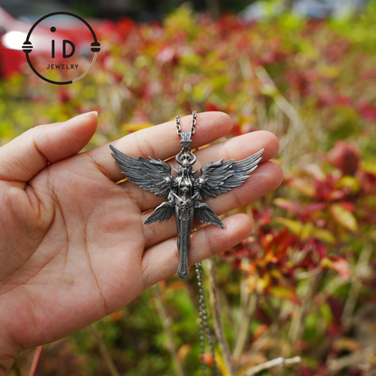 Gothic Warrior Woman Pendant with Wings and Sword in 925 Oxidized Silver Fantasy Totem Necklace for Cosplay Gift for Her Him