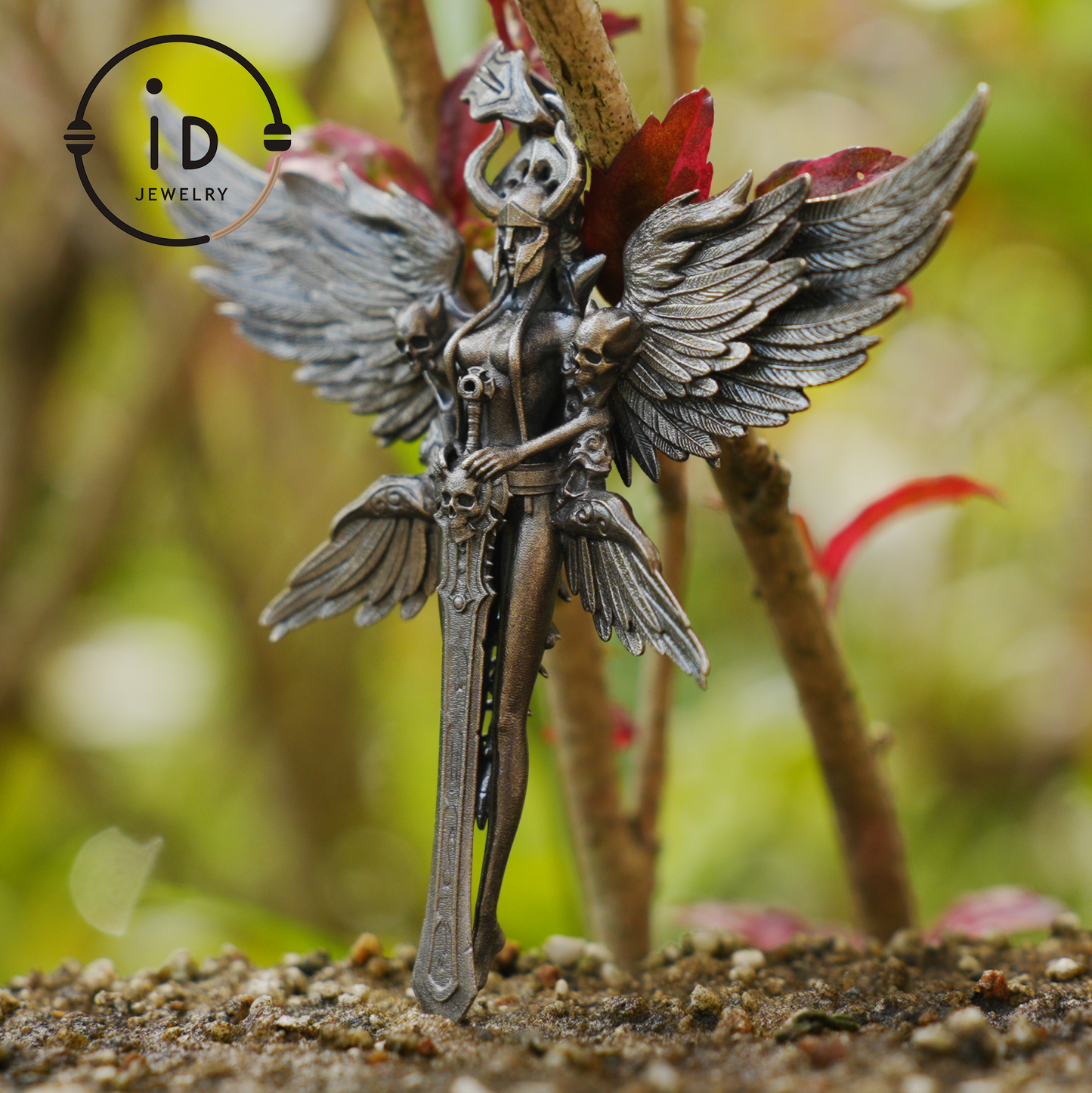 Gothic Warrior Woman Pendant with Wings and Sword in 925 Oxidized Silver Fantasy Totem Necklace for Cosplay Gift for Her Him