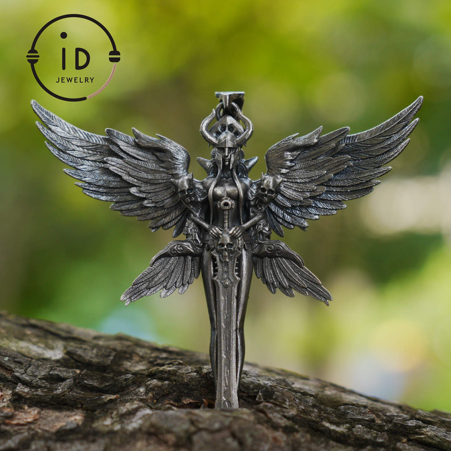 Gothic Warrior Woman Pendant with Wings and Sword in 925 Oxidized Silver Fantasy Totem Necklace for Cosplay Gift for Her Him