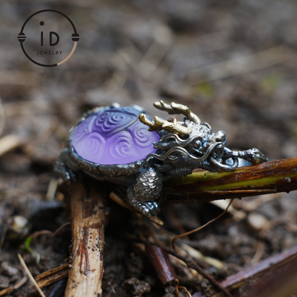 Amethyst Dragon Turtle Pendant in 925 Sterling Silver, Totem Vintage Style Necklace, Mystical Talisman Gift for Men and Women