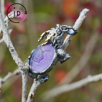 Amethyst Dragon Turtle Pendant in 925 Sterling Silver, Totem Vintage Style Necklace, Mystical Talisman Gift for Men and Women
