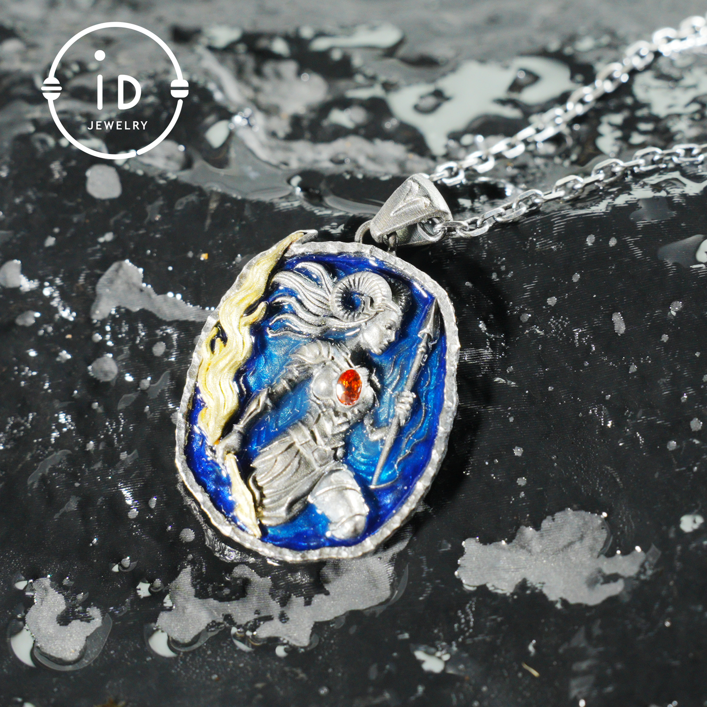 Aries Medallion Pendant | Irregular “Meteorite” Frame | Blue Enamel Starry Sheen | Orange Zirconia Center | Handmade Silver Jewelry