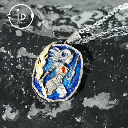 Aries Medallion Pendant | Irregular “Meteorite” Frame | Blue Enamel Starry Sheen | Orange Zirconia Center | Handmade Silver Jewelry
