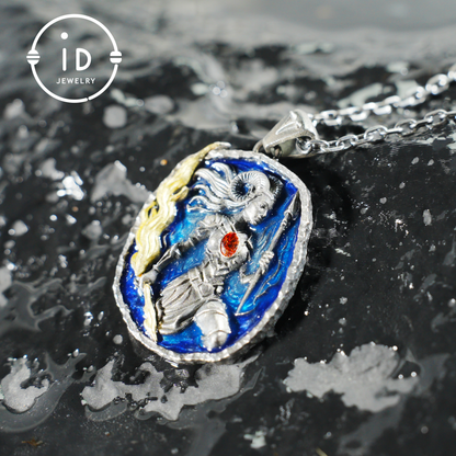 Aries Medallion Pendant | Irregular “Meteorite” Frame | Blue Enamel Starry Sheen | Orange Zirconia Center | Handmade Silver Jewelry