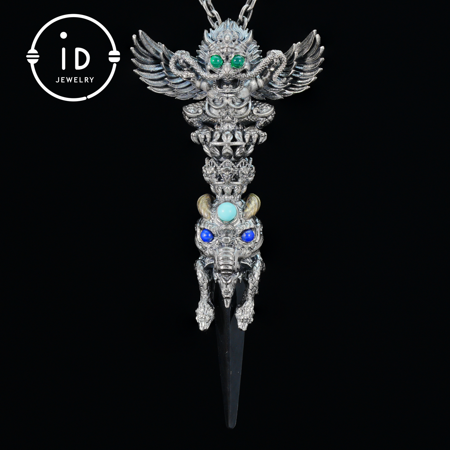 Totem pendant in 925 silver with turquoise and onyx · Spiritual gothic tribal jewelry in symbolic style · Gift for men or artists